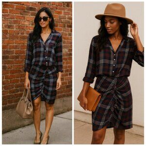 Veronica Beard Plaid Emory Ruched Zip Front Shirt Dress Red Blue Size 2